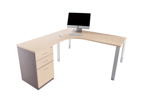 Image of Oblique Corner Desk Workstation Soft Maple Drawer Fixed Pedestal included