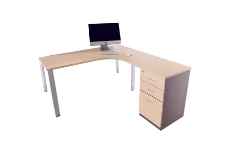 Image of Oblique Corner Desk Workstation Soft Maple Drawer Fixed Pedestal included